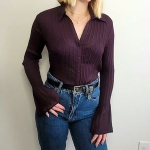 Dark-purple long-sleeved collared blouse